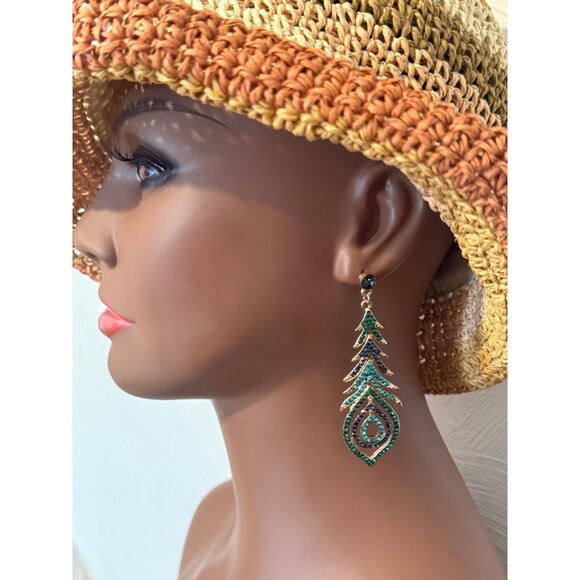 Green Crystals Fish Bone Style Dangle Earrings - Picture 7 of 7